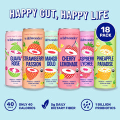 wildwonder Sparkling Probiotic Drink 12pk, For Gut Health & Immune Support, Tropical Vibes Variety, 5g Prebiotic Fiber, Live Probiotics, Organic, Vegan, Low Sugar, 12Pack, 12oz Can, Seen on Shark Tank