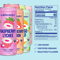 wildwonder Sparkling Probiotic Drink 12pk, For Gut Health & Immune Support, Tropical Vibes Variety, 5g Prebiotic Fiber, Live Probiotics, Organic, Vegan, Low Sugar, 12Pack, 12oz Can, Seen on Shark Tank
