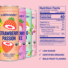 wildwonder Sparkling Probiotic Drink 12pk, For Gut Health & Immune Support, Tropical Vibes Variety, 5g Prebiotic Fiber, Live Probiotics, Organic, Vegan, Low Sugar, 12Pack, 12oz Can, Seen on Shark Tank