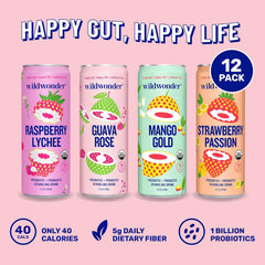 wildwonder Sparkling Probiotic Drink 12pk, For Gut Health & Immune Support, Tropical Vibes Variety, 5g Prebiotic Fiber, Live Probiotics, Organic, Vegan, Low Sugar, 12Pack, 12oz Can, Seen on Shark Tank