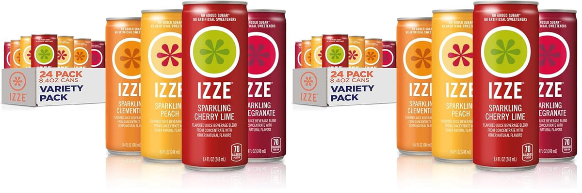 IZZE Sparkling Juice Beverage Blend,Sunset Variety Pack,Clementine,Peach,Cherry Lime,Pomegranate,No Sugar Added,8.4 Fl Oz,(Pack of 48)