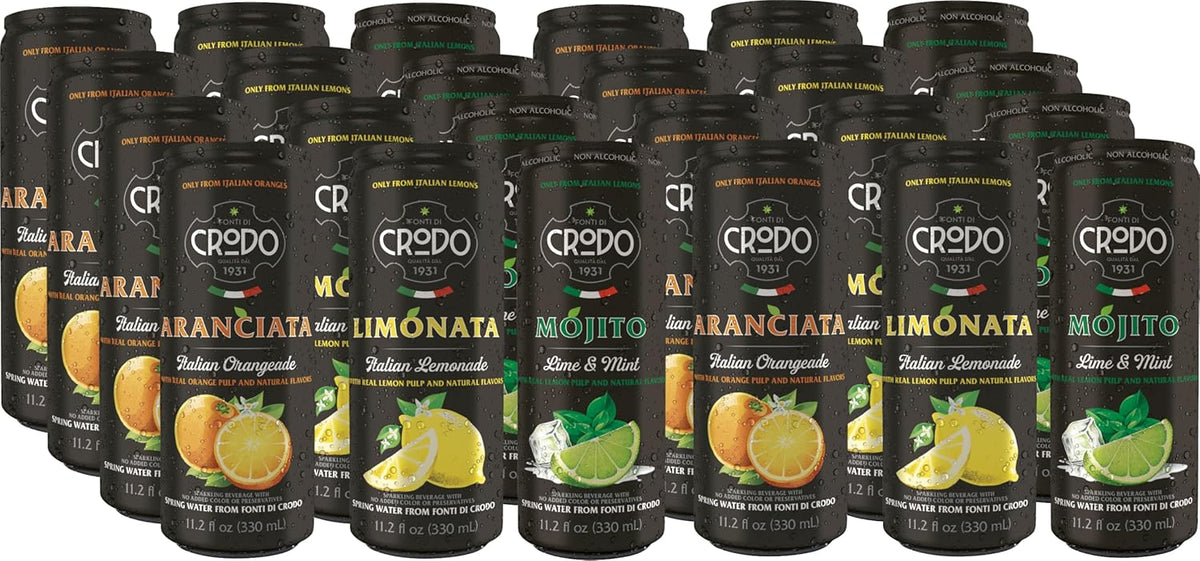 Niro Assortment | Fonti Di Crodo Variety | 3 Flavor Assortment | 8 Cans of Each Flavor- Limonata, Mojito, and Aranciata | 24 Cans Total | Includes Niro Can Sleeve