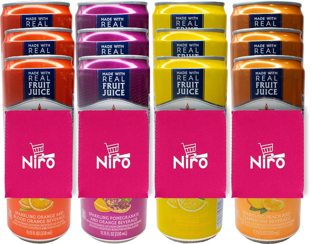 Niro Assortment Italian Sparkling Drinks | Zero Sugar | 12 Pack Variety of 4 Assorted Flavors | Niro Neoprene Sleeve Included